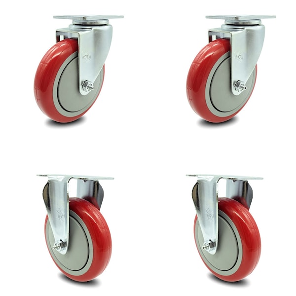 5 Inch Red Polyurethane Wheel Swivel Top Plate Caster Set with 2 Rigid SCC